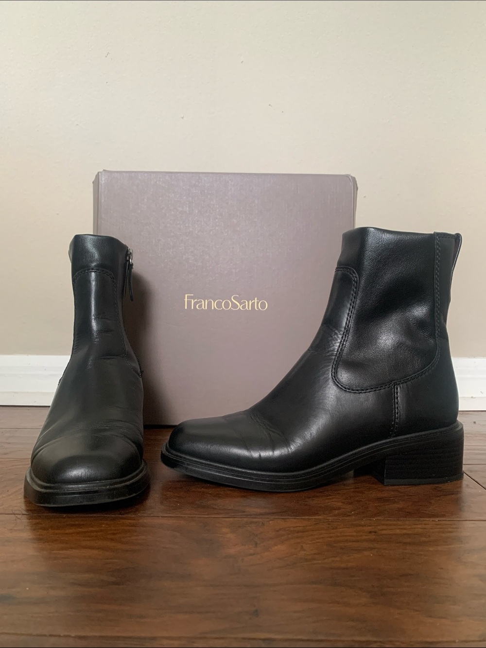 Franco Sarto Black Leather Zip Sock Calf Ankle Booties